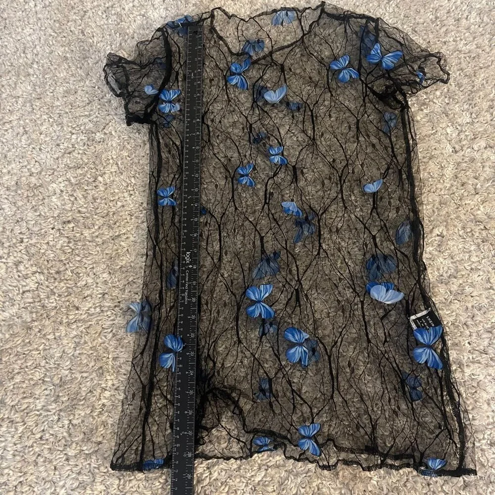 SHEIN Sheer Butterfly Mesh Top Black Blue Size S Y2K - Picture 3 of 7